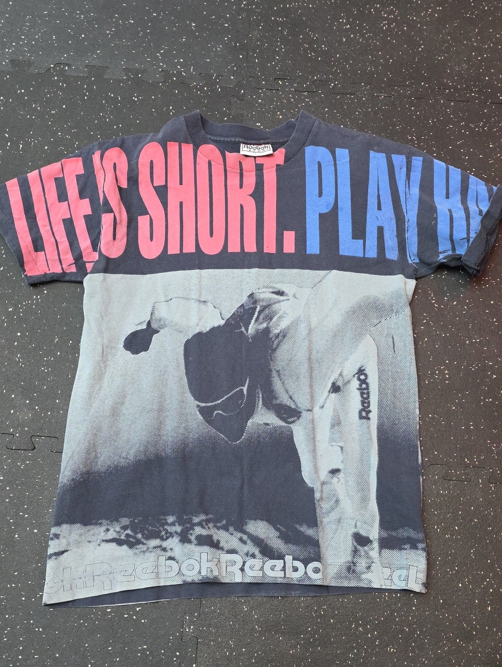 Vintage, Hard To Find. Reebok Navy Tee with Pink & Blue 'Life's Short' Graphic